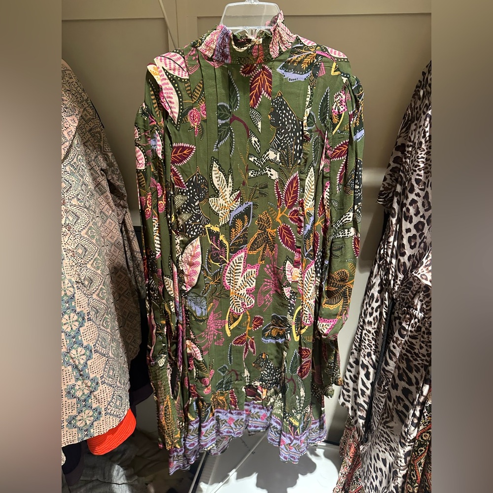 FARM Rio Olive Green Floral Long-Sleeve High-Neck Dress